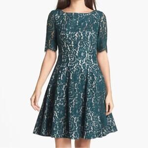 Eliza J Dark Green Lace Nude Modest Holiday Wedding Guest Formal Cocktail U13